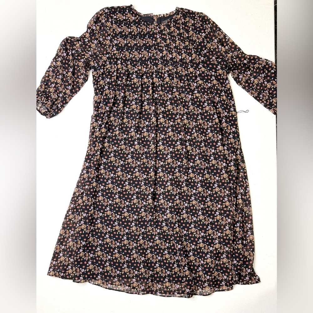 Ann Taylor Black Floral Long Sleeve Dress Boho Cottagecore Size Large Petite